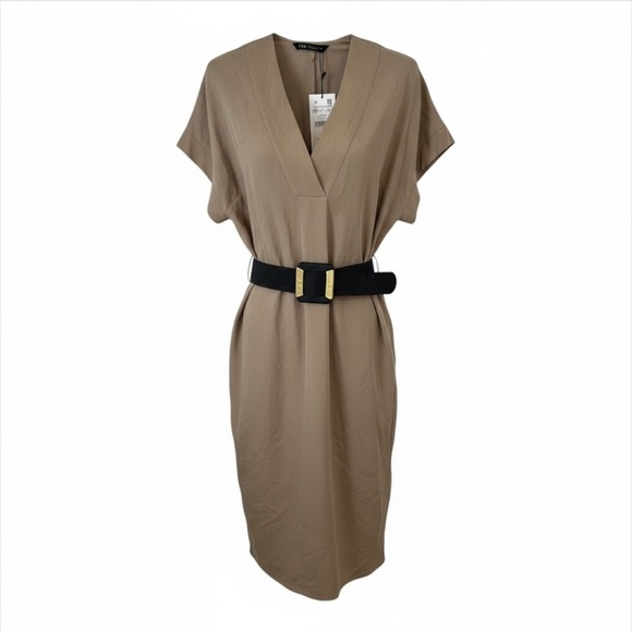 Zara Dresses & Skirts - Zara oversized Beige linen belted V-Neck Dress size small new with tags